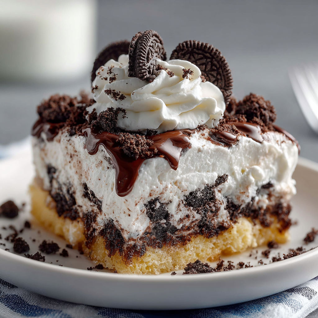 A slice of cake with white icing and Oreo cookies on top.