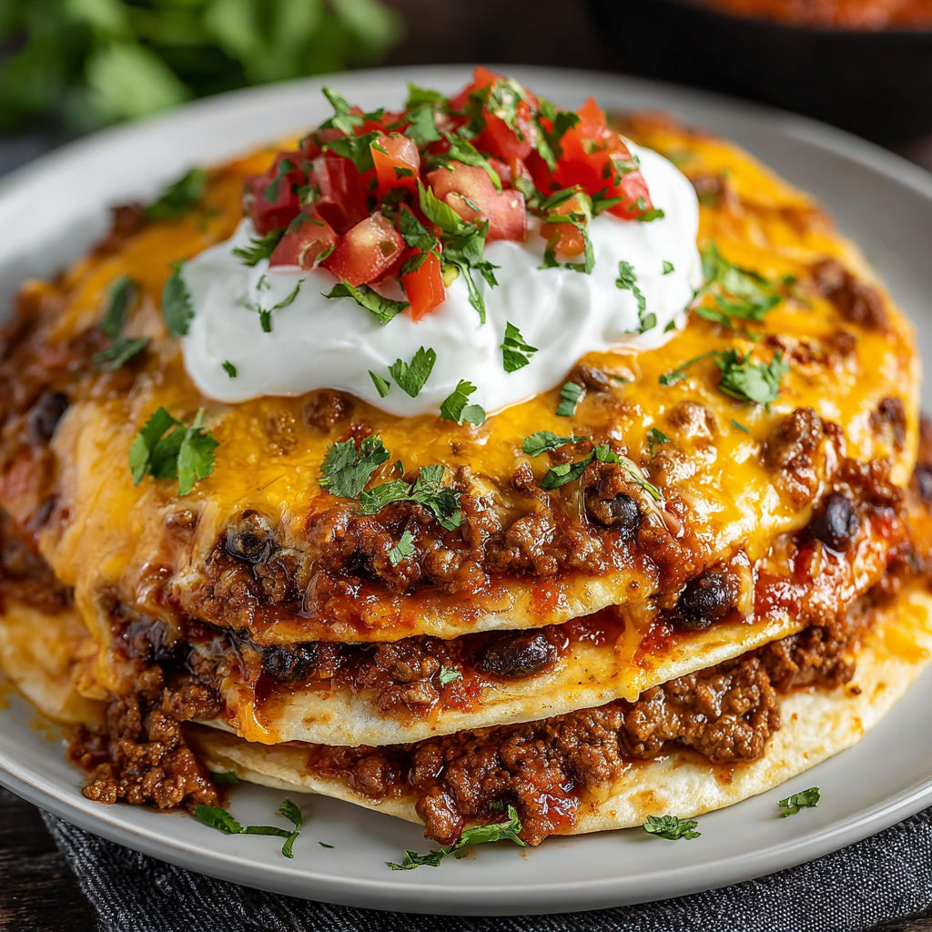 A plate of Mexican food with a white sauce on top.