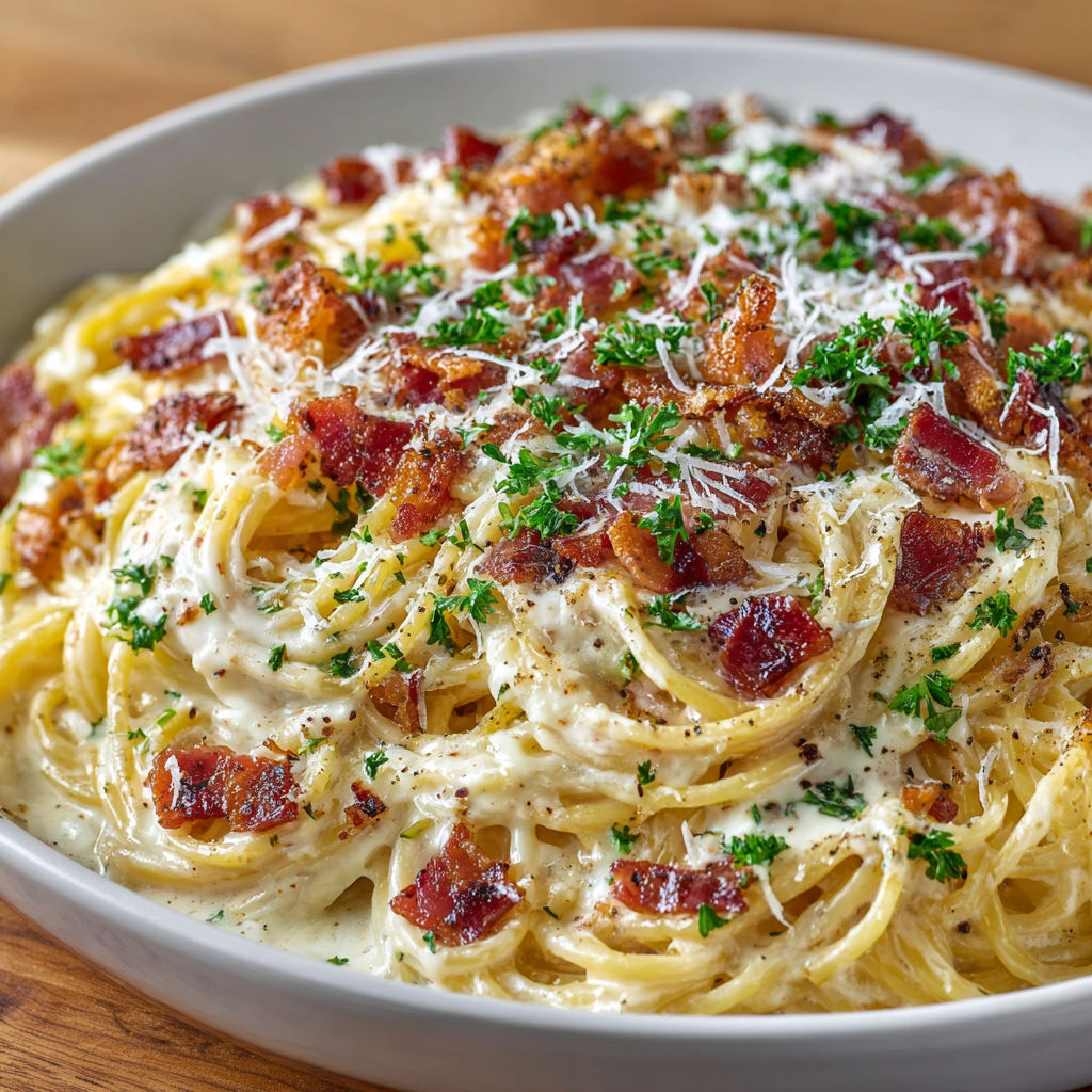A bowl of creamy pasta with bacon.