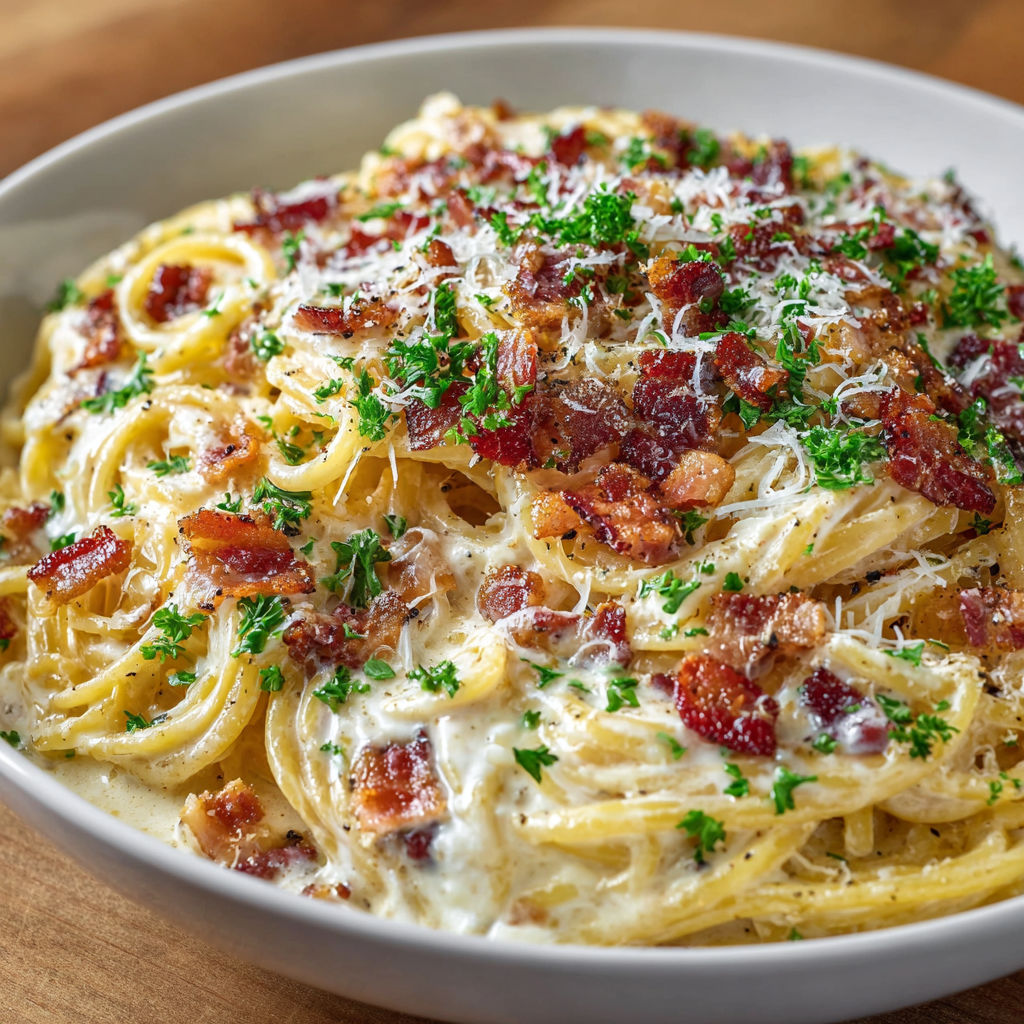 A bowl of creamy pasta with bacon.