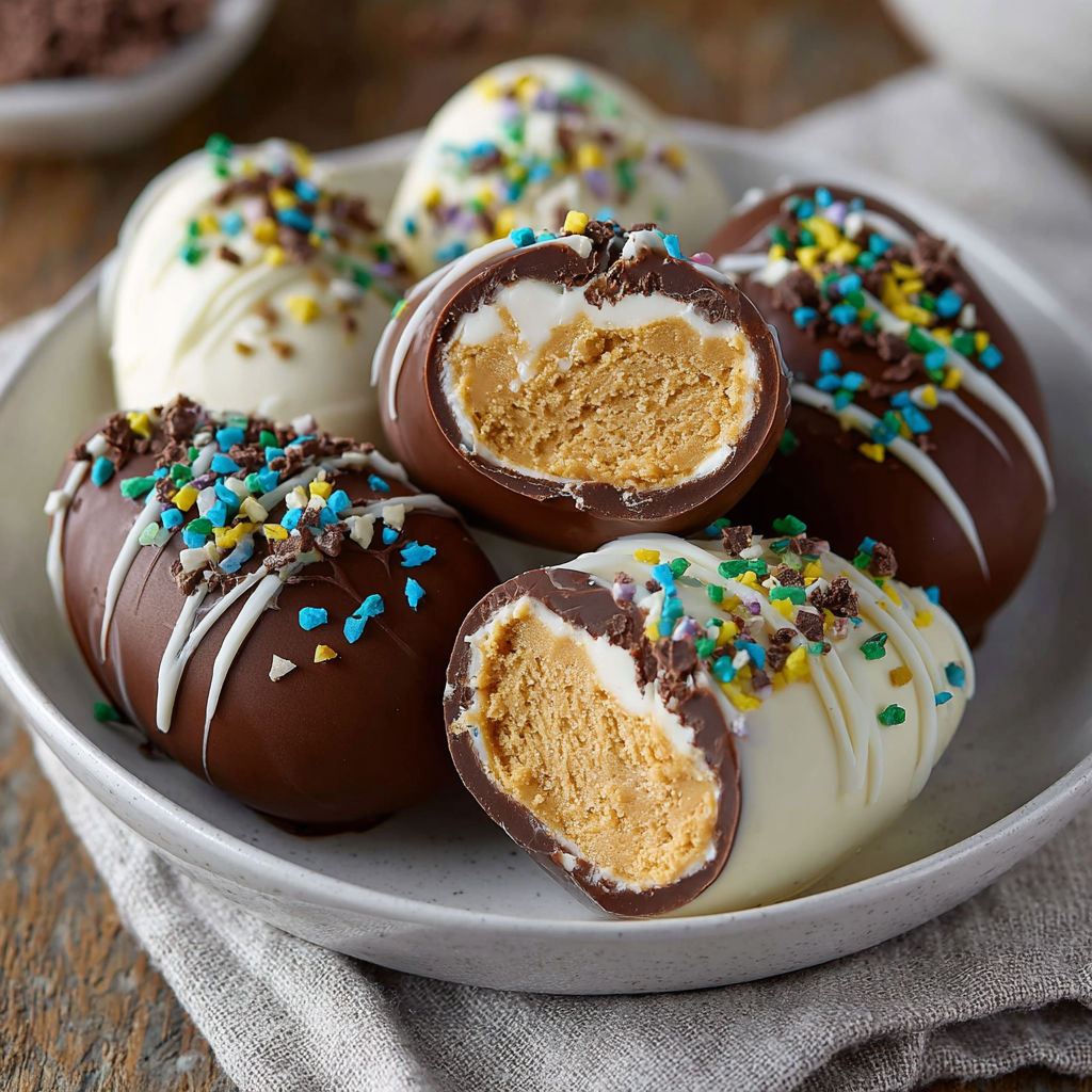 A plate of homemade chocolate and white cream filled eggs.