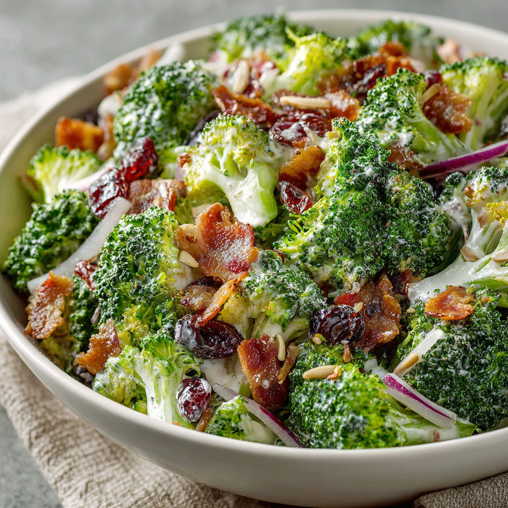 A bowl of broccoli with bacon.
