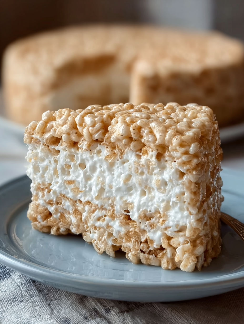 A slice of Rice Krispy Treat No Bake Cheesecake.