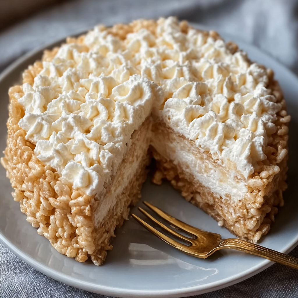 A slice of Rice Krispy Treat No Bake Cheesecake.
