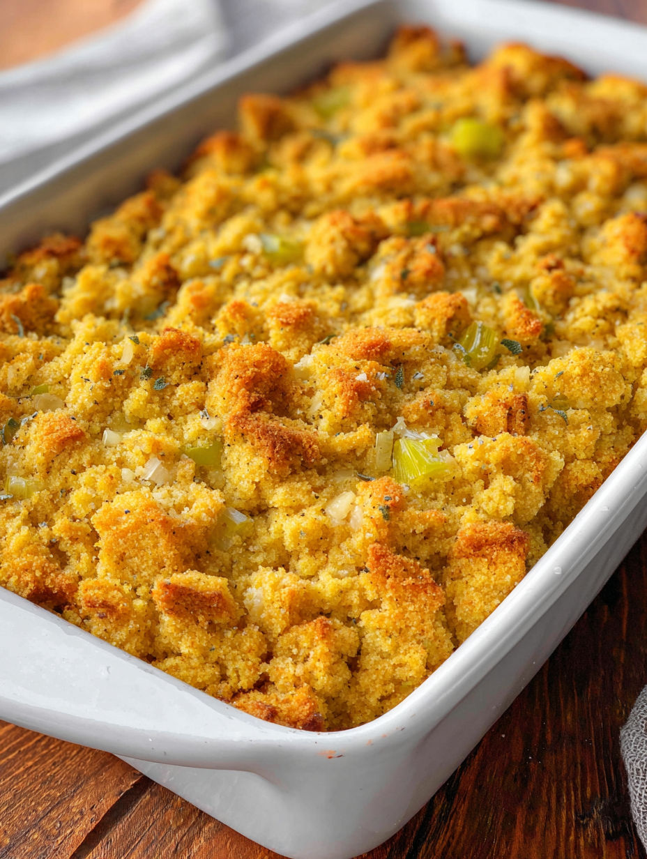 A white dish filled with cornbread dressing.