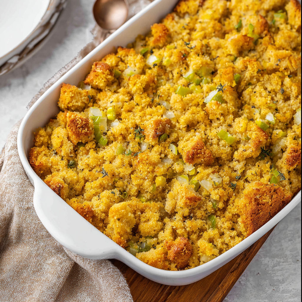 A white bowl filled with cornbread dressing.