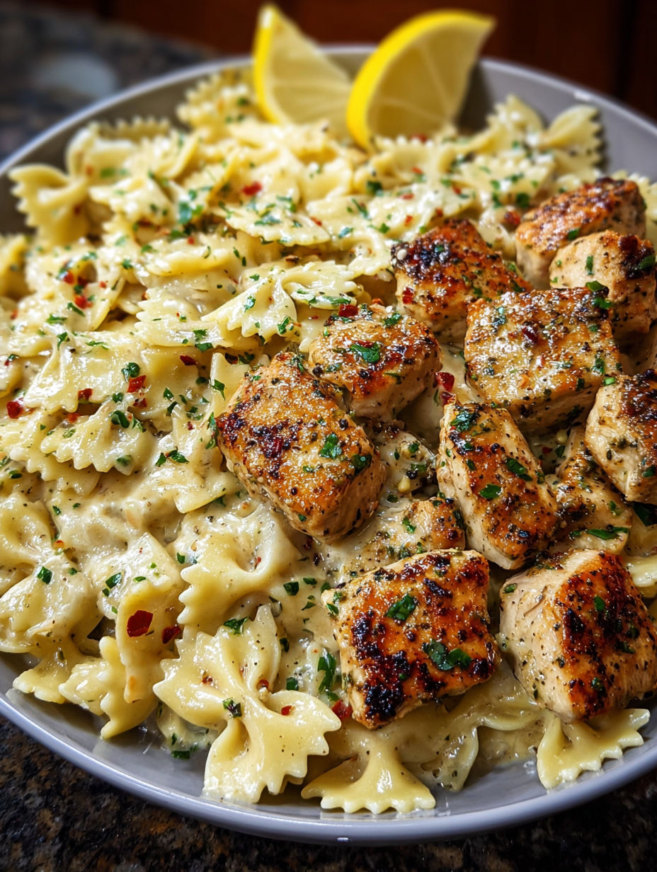 A bowl of pasta with chicken and lemon garlic sauce.