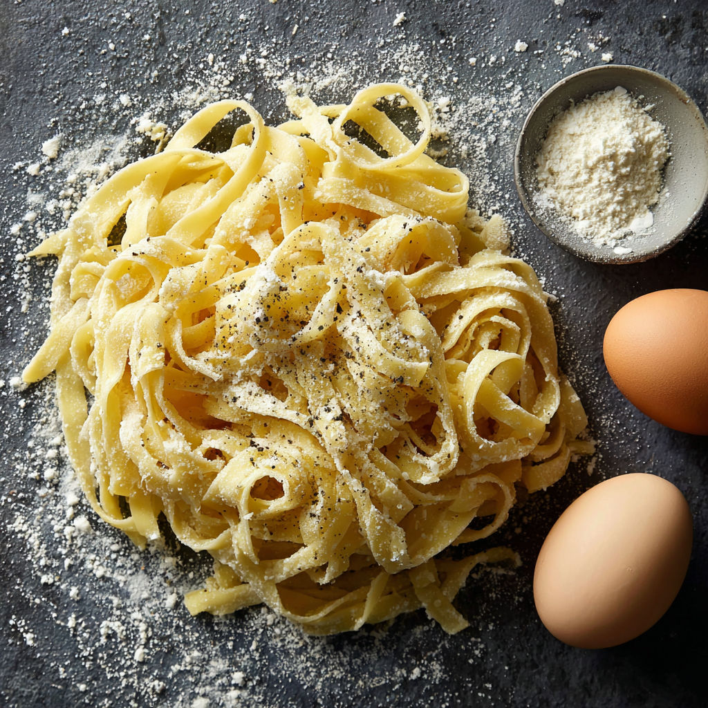 Homemade egg noodles with cheese and black pepper.