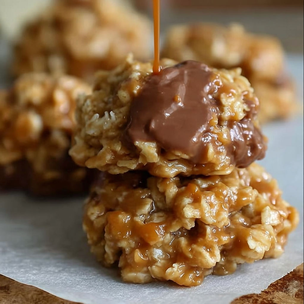 A stack of cookies with chocolate drizzled on top.