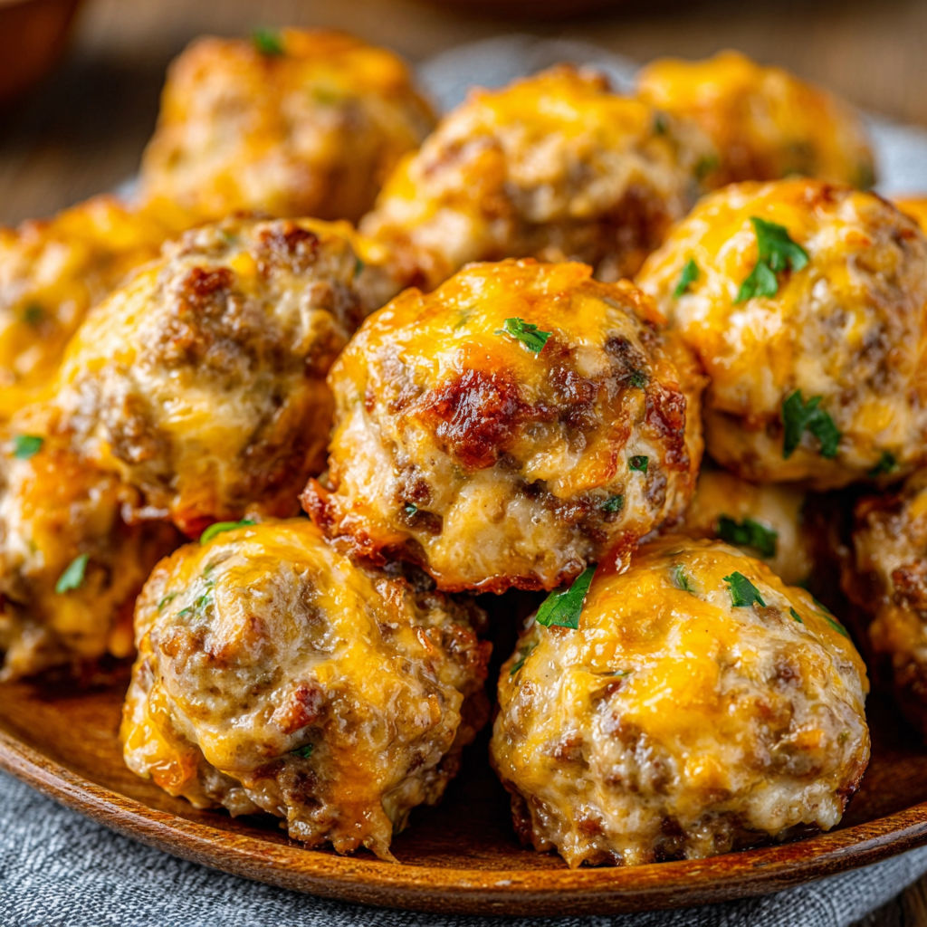 A plate of sausage balls with cheese and cream.