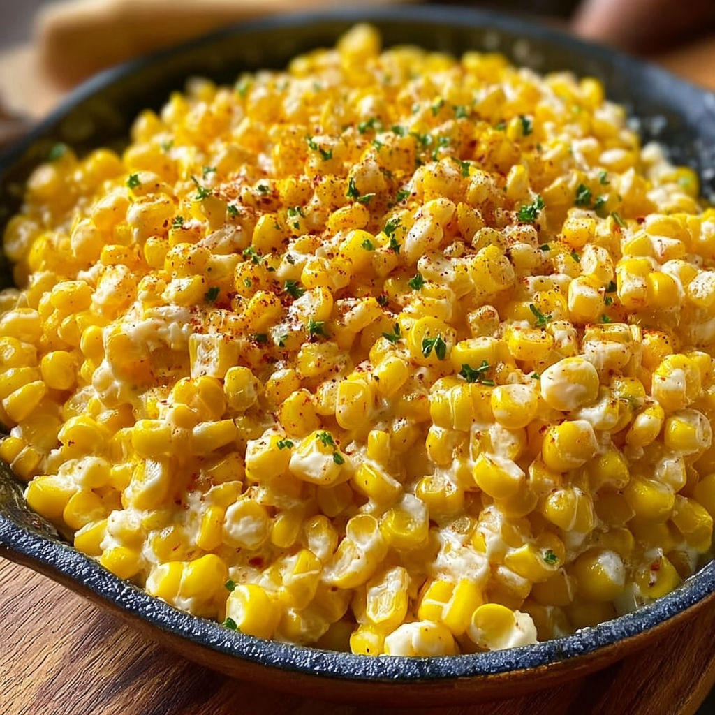 A skillet of corn with butter and honey.