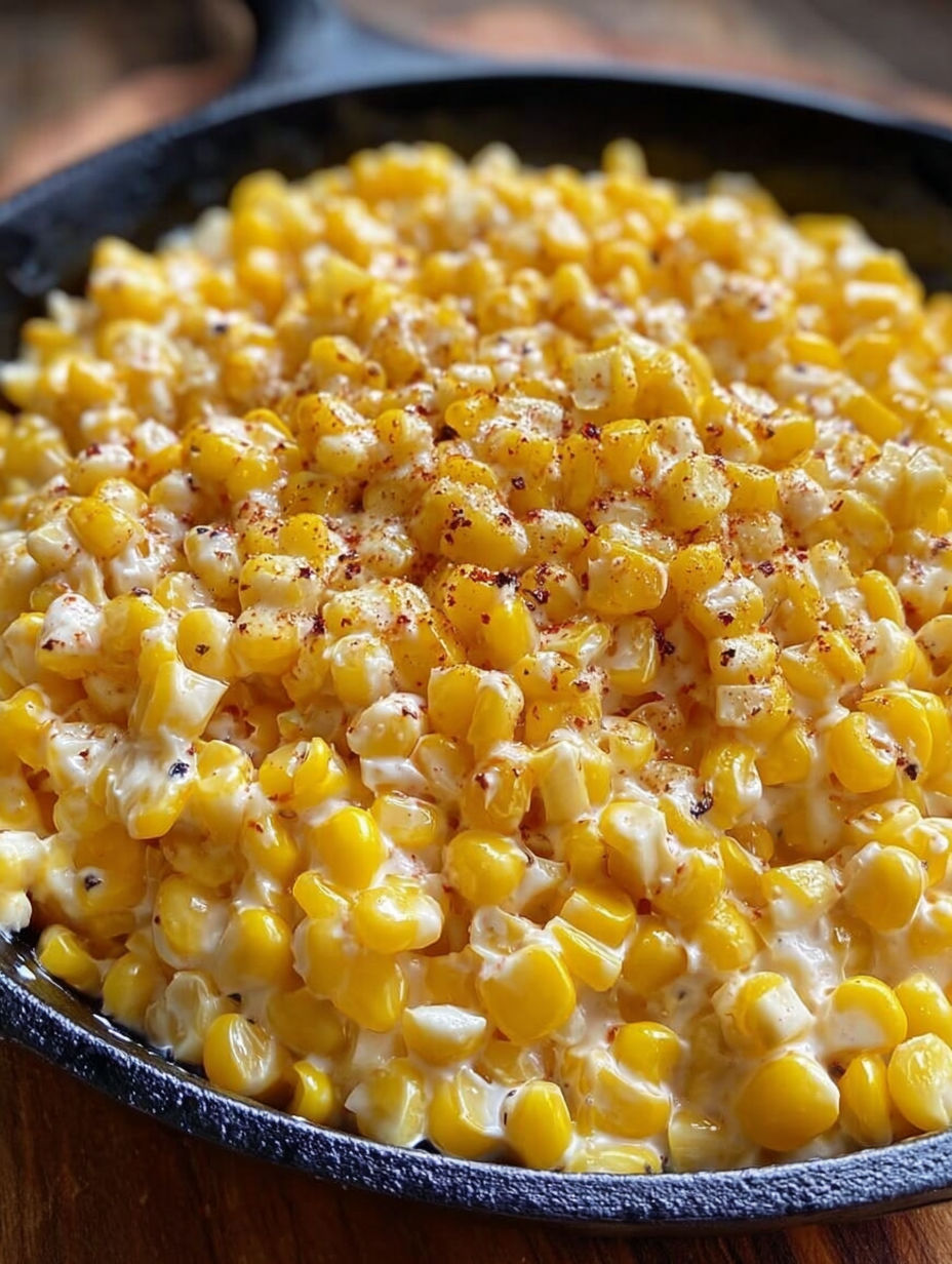 A skillet full of corn with butter and honey.