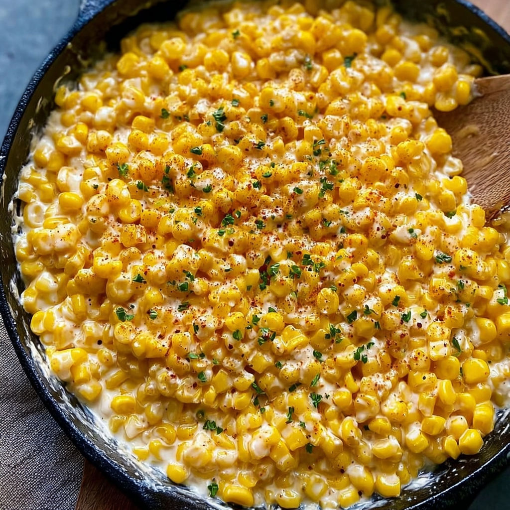 A skillet of corn with butter and honey.