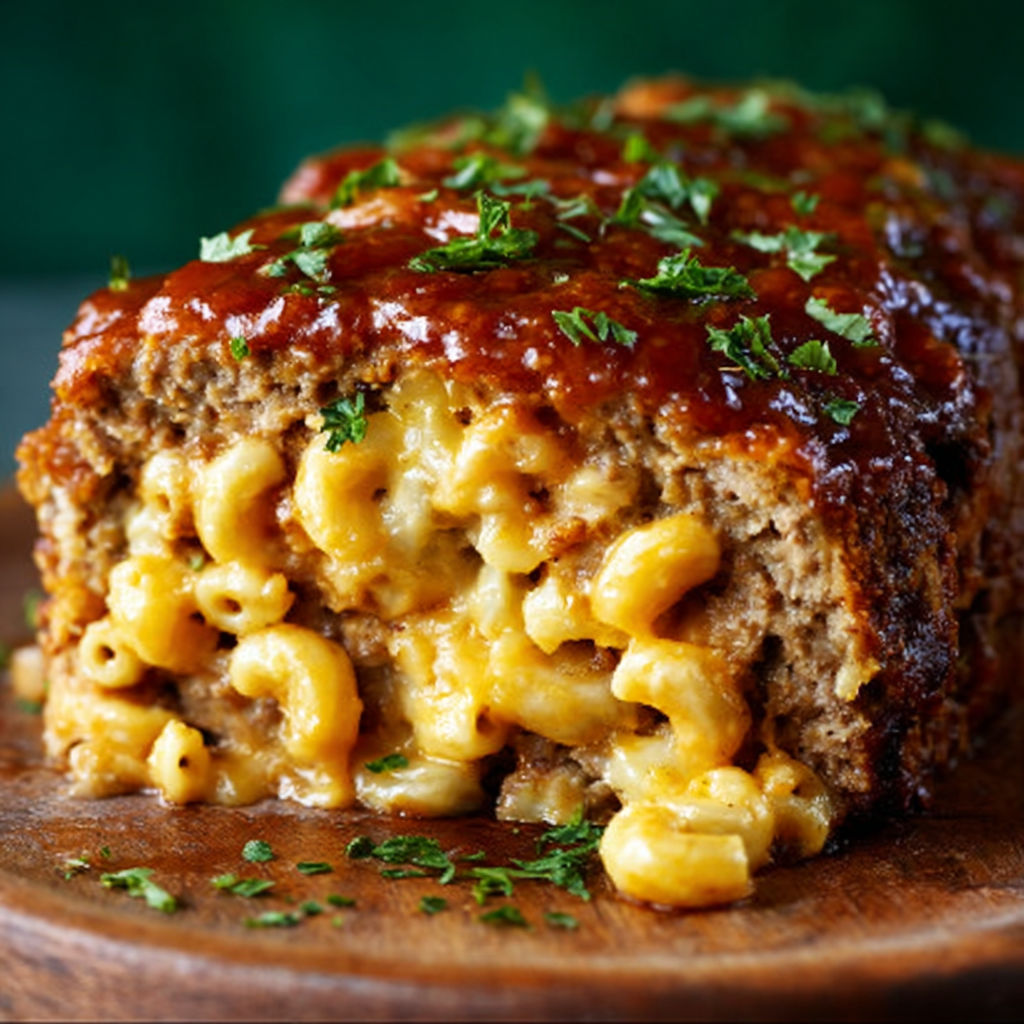 A slice of meatloaf with macaroni and cheese on top.