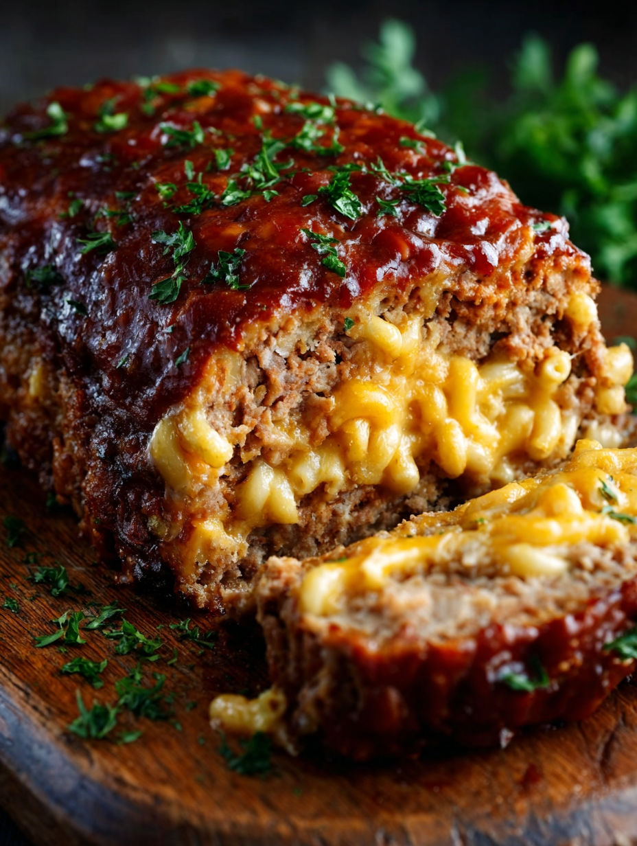 A slice of meatloaf with mac and cheese on top.