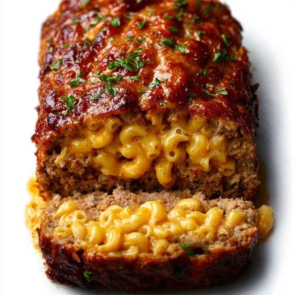 A slice of meatloaf with mac and cheese on top.