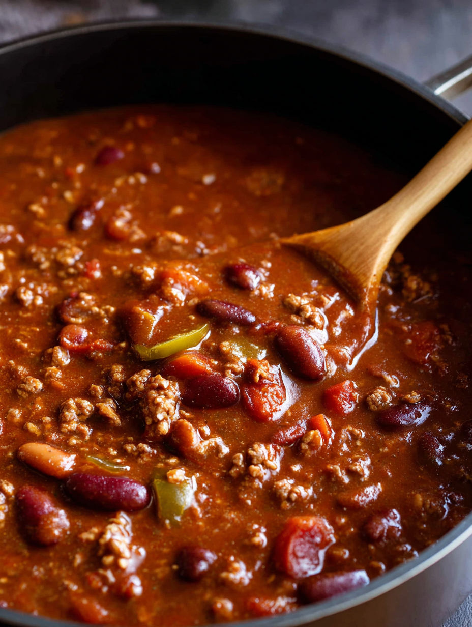 A bowl of chili with a wooden spoon in it.