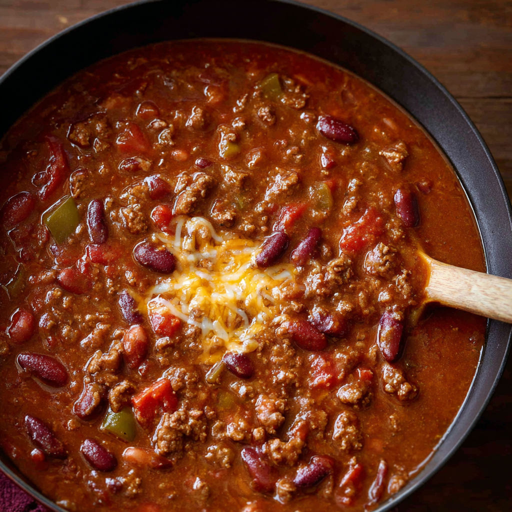 A bowl of chili with meat and beans.