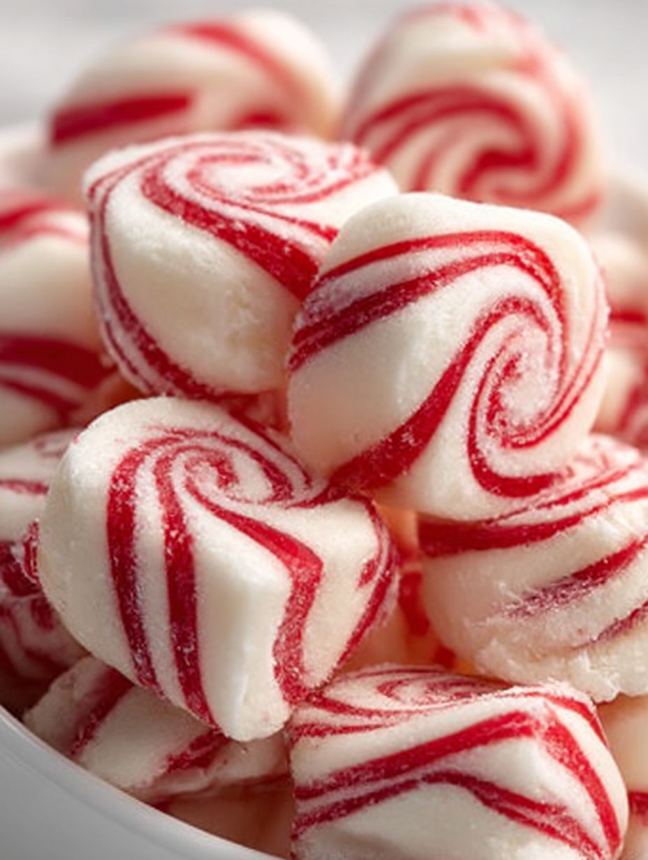A bowl of red and white striped candy.