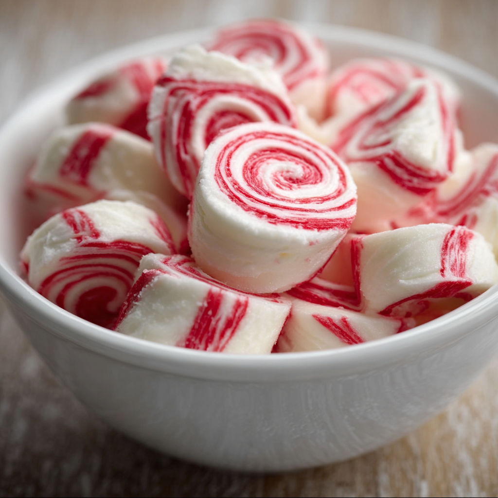 A bowl of red and white striped peppermints.