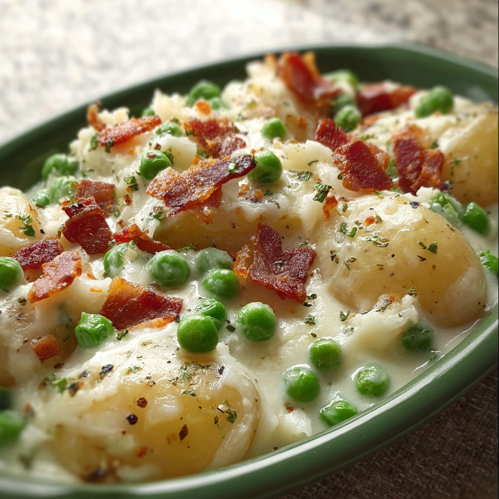 A bowl of creamed potatoes and peas.