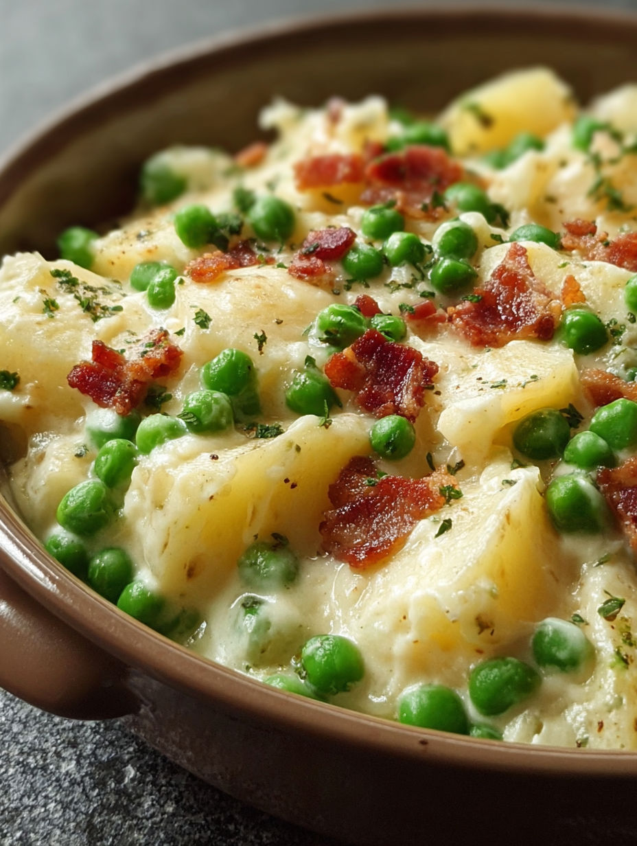 A bowl of creamed potatoes and peas.