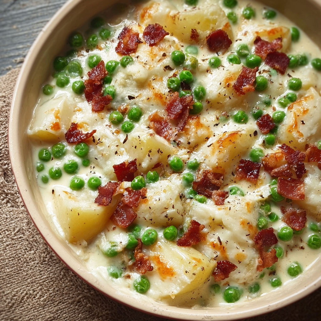A bowl of creamed potatoes and peas.