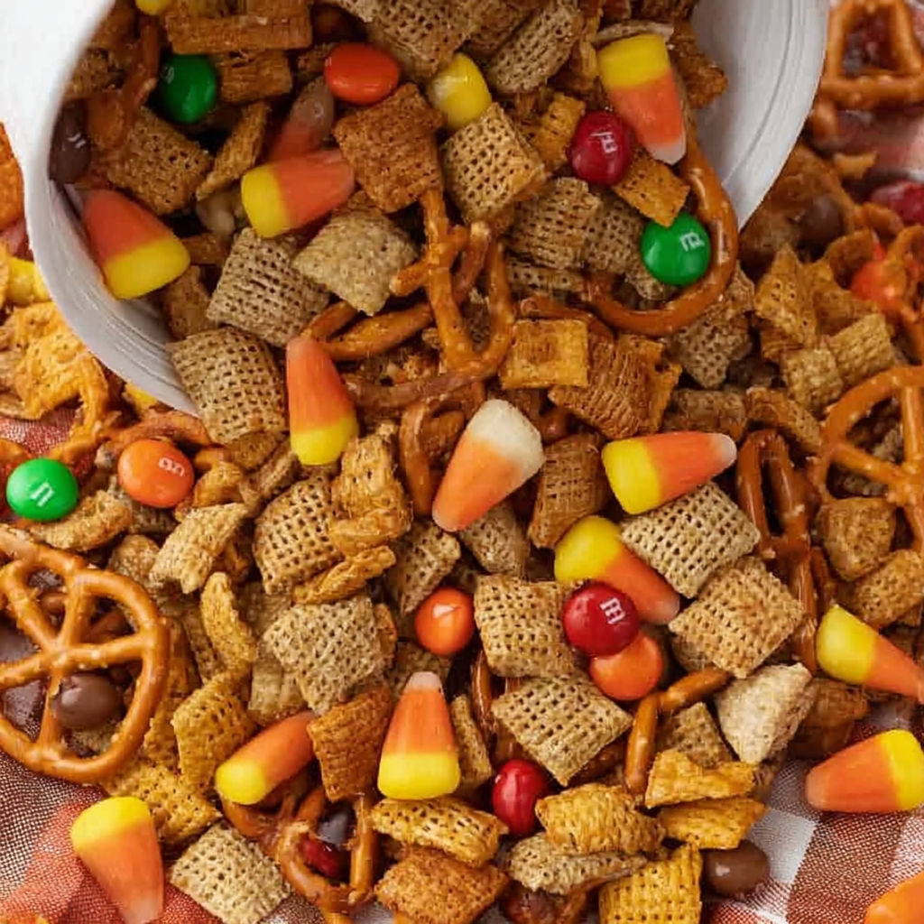 A bowl of Pumpkin Spice Chex Mix.