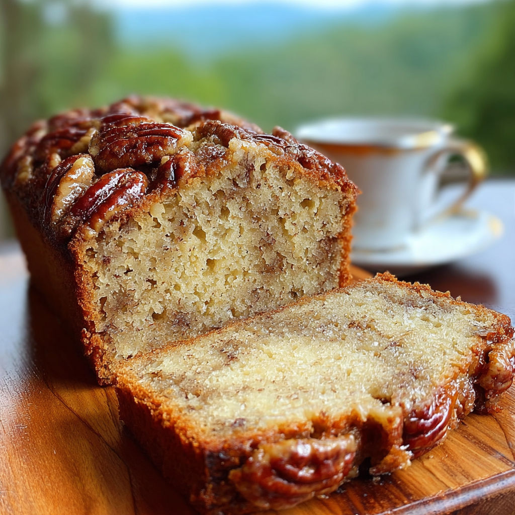 A slice of cinnamon sweet Alabama pecan bread.