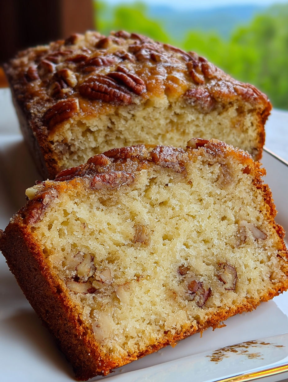 A slice of cinnamon sweet Alabama pecan bread.