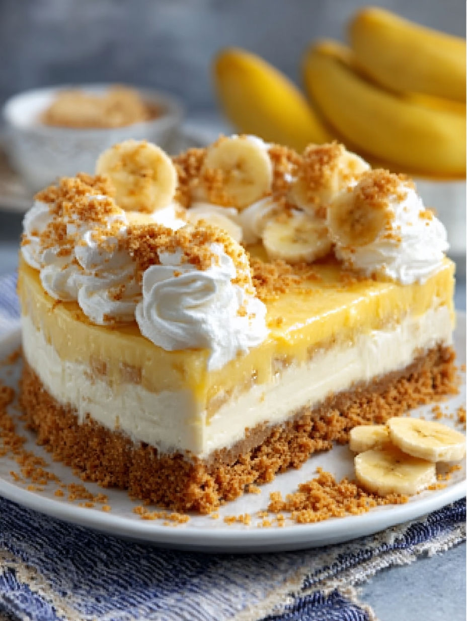 A slice of banana pudding cheesecake with whipped cream.