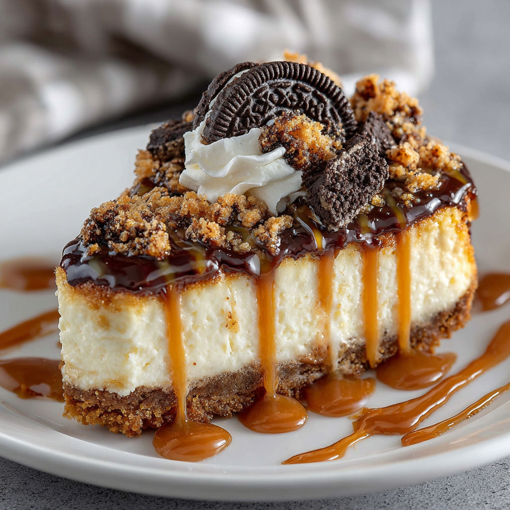 A slice of cheesecake with a drizzle of caramel sauce.