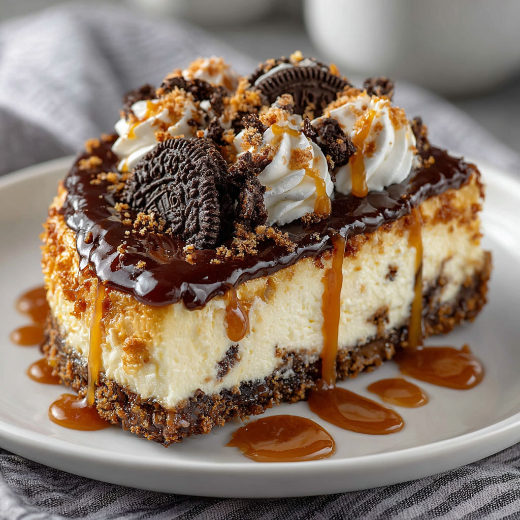 A slice of cheesecake with chocolate drizzle and Oreo cookies.