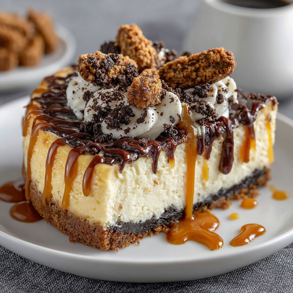 A slice of cheesecake with chocolate drizzle and caramel drizzle.