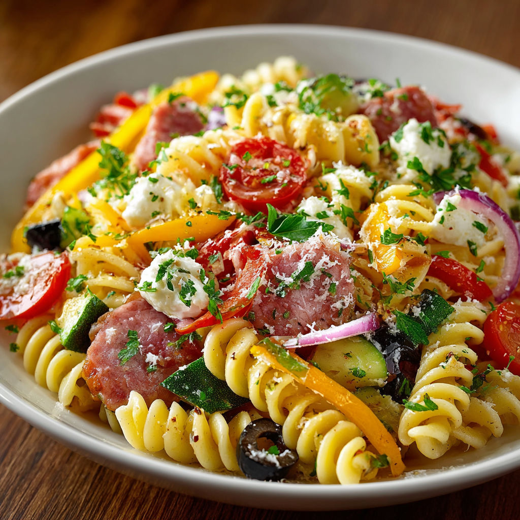 A plate of Italian food with pasta, tomatoes, and meat.