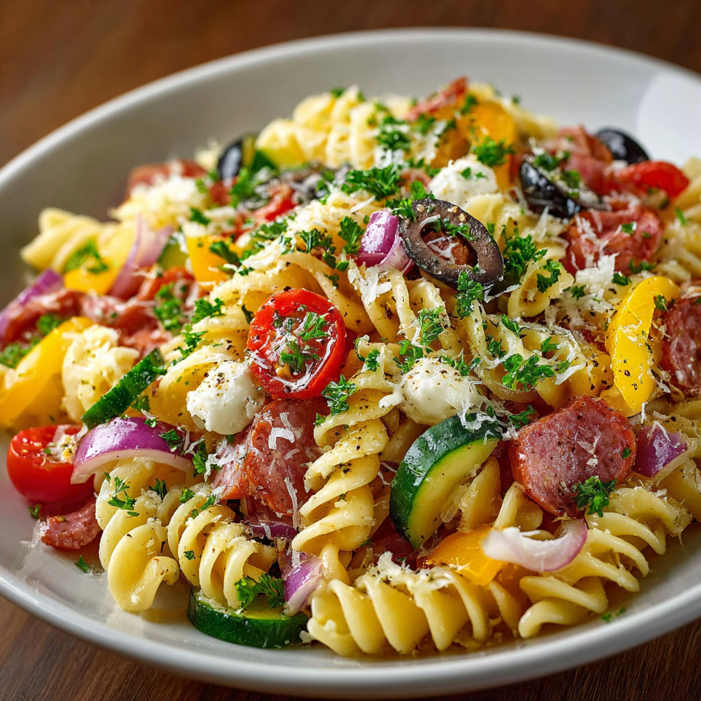 A plate of Italian pasta with tomatoes, peppers, and cheese.