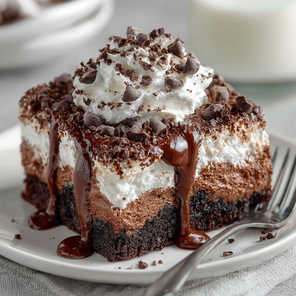 A slice of chocolate cake with white frosting and chocolate drizzle.