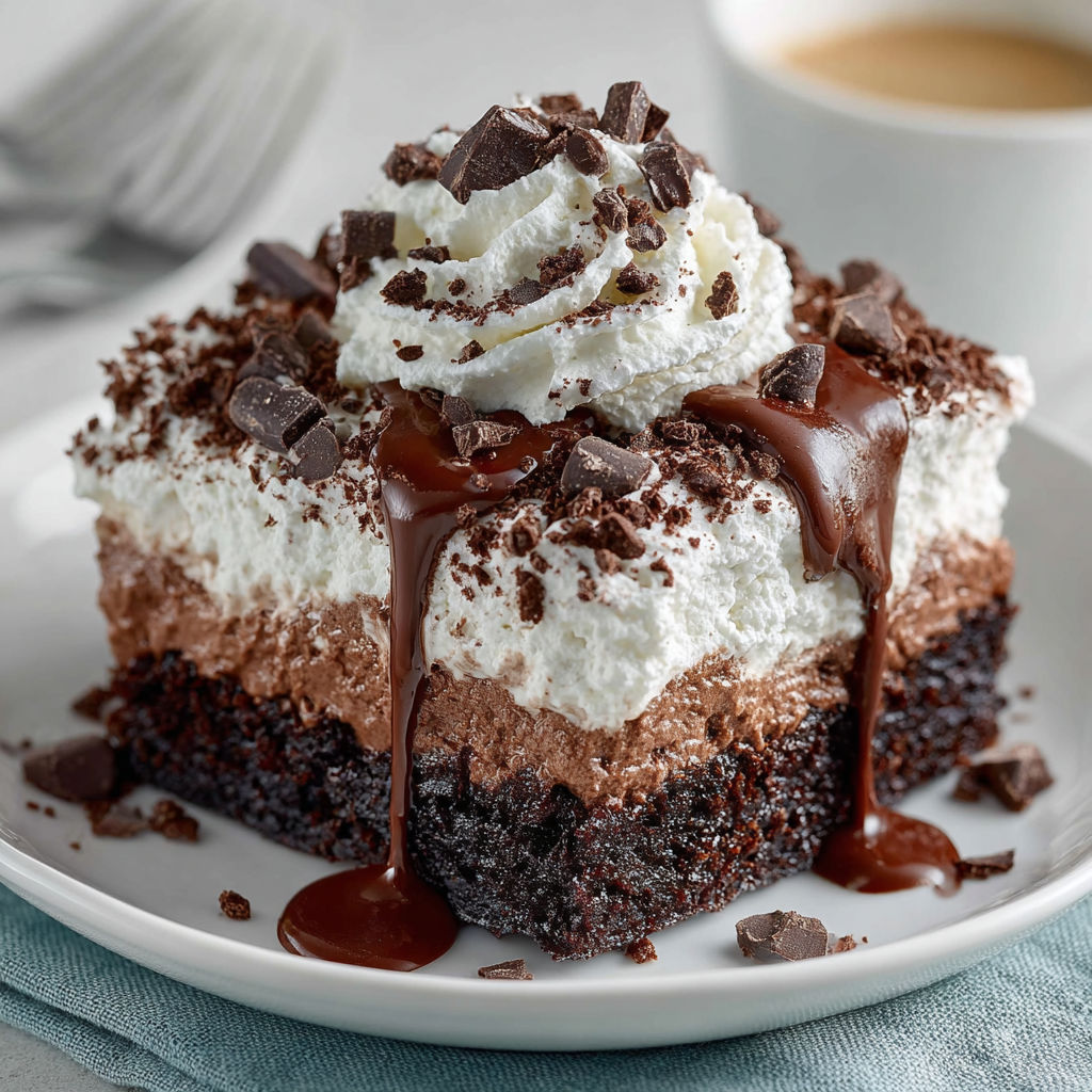 A slice of chocolate cake with white icing and chocolate drizzle.