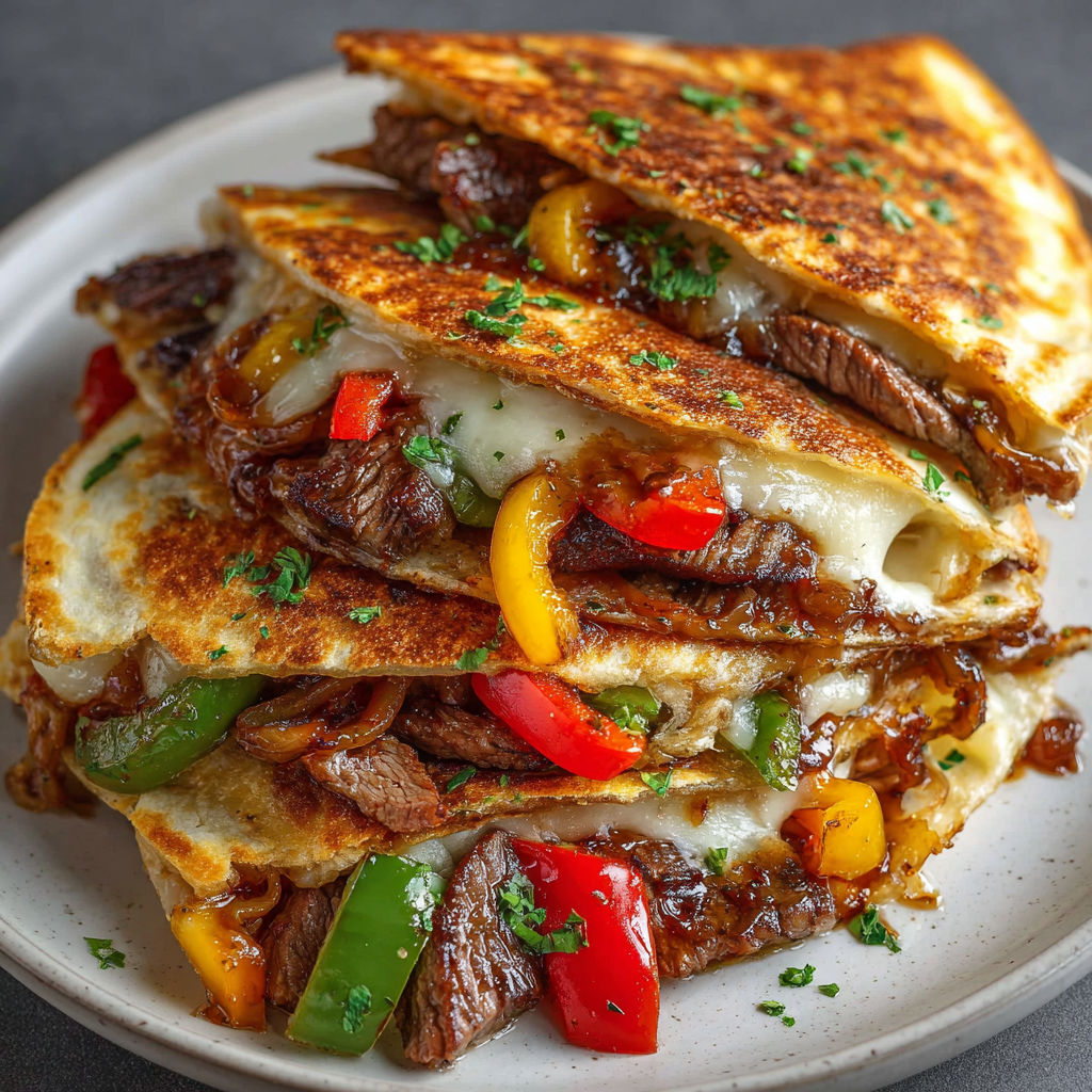 A stack of sandwiches with peppers on top.