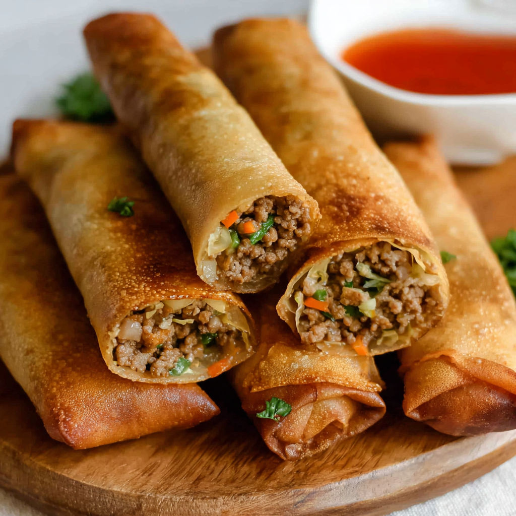 A plate of lumpia with sauce.