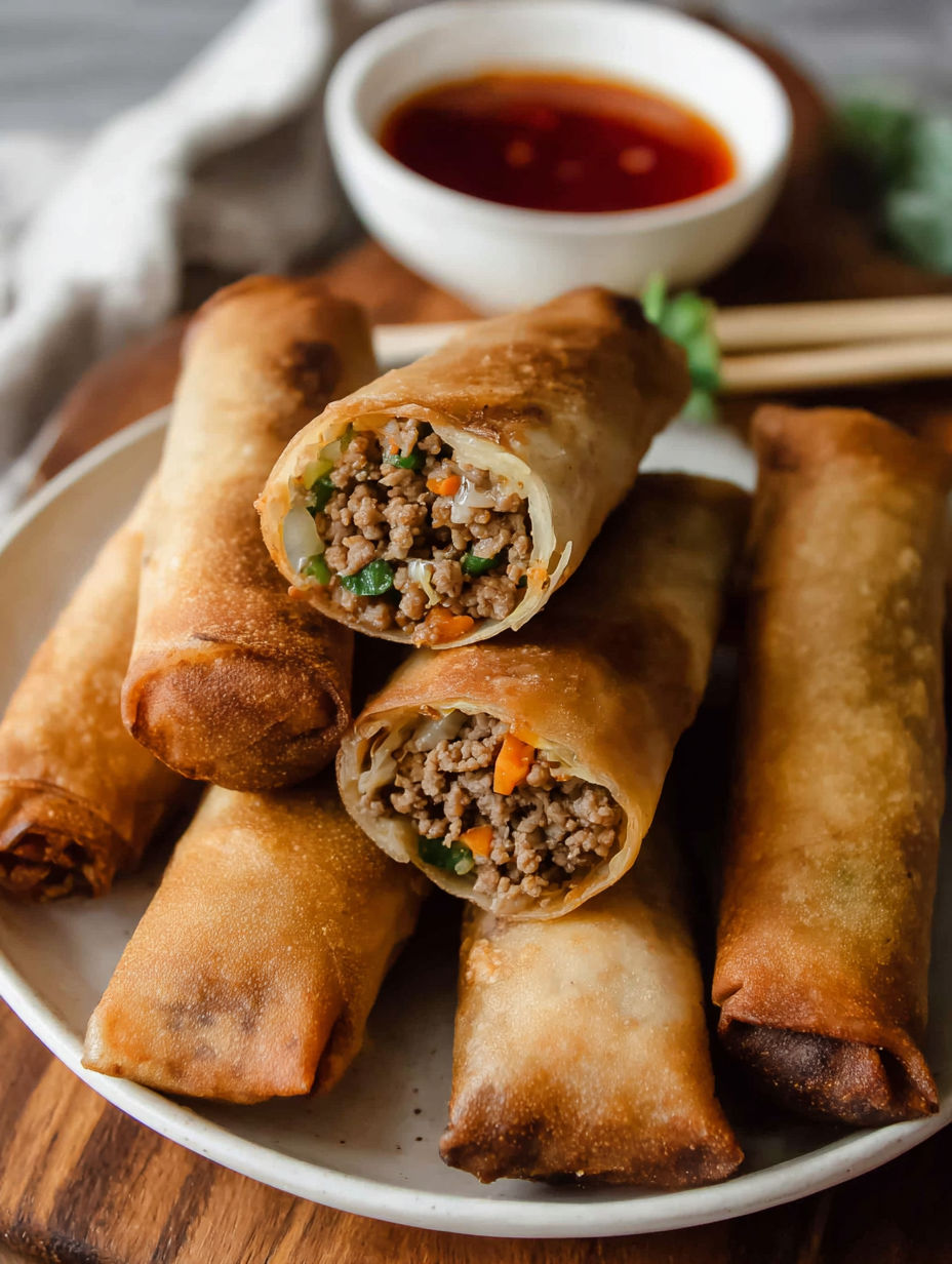 A plate of lumpia with sauce.