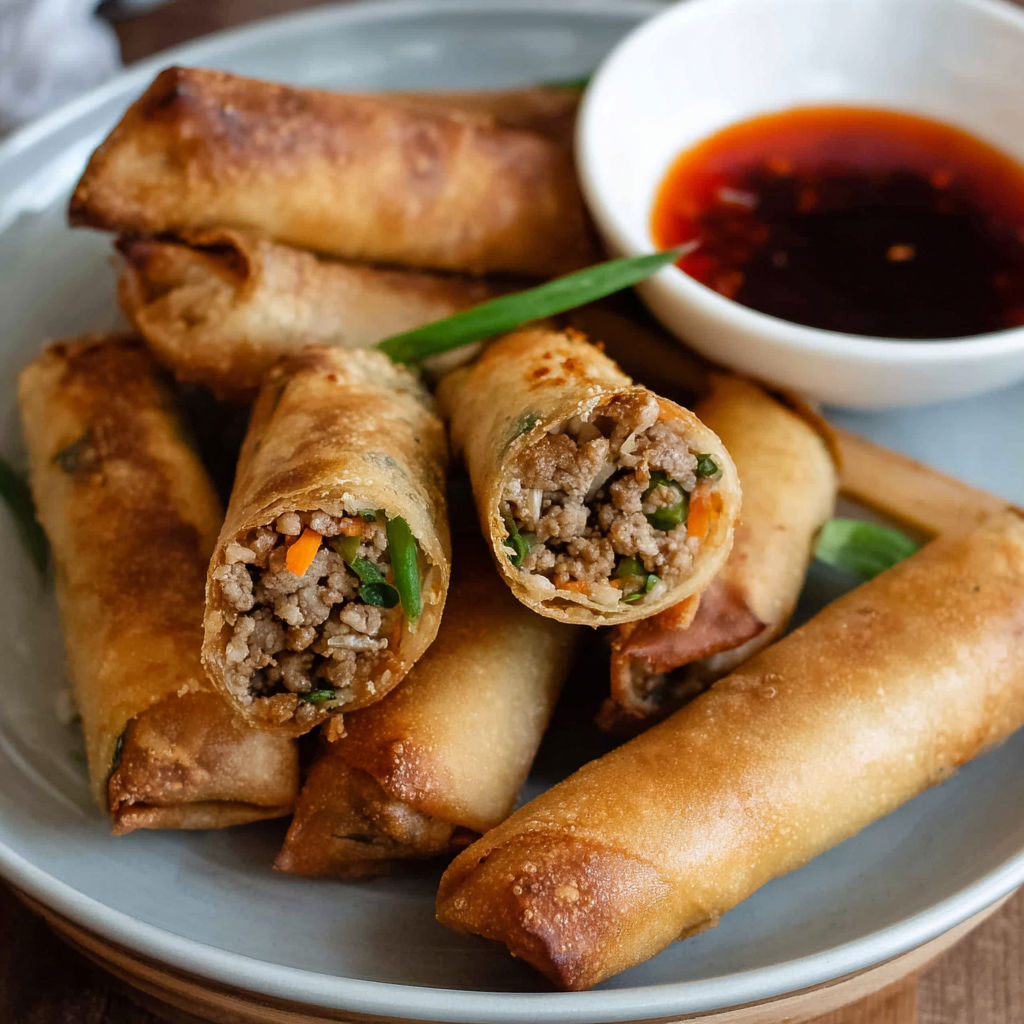 A plate of lumpia with sauce.