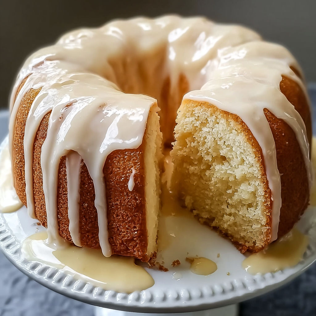 A slice of vanilla buttermilk pound cake with cream cheese glaze.