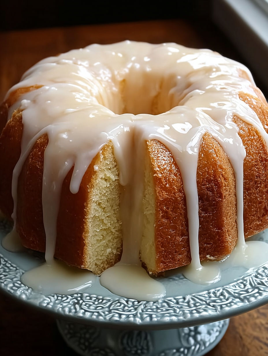 A slice of vanilla buttermilk pound cake with cream cheese glaze.