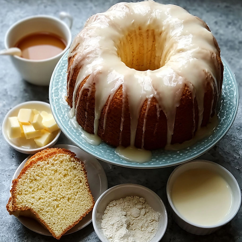 A vanilla buttermilk pound cake with cream cheese glaze.