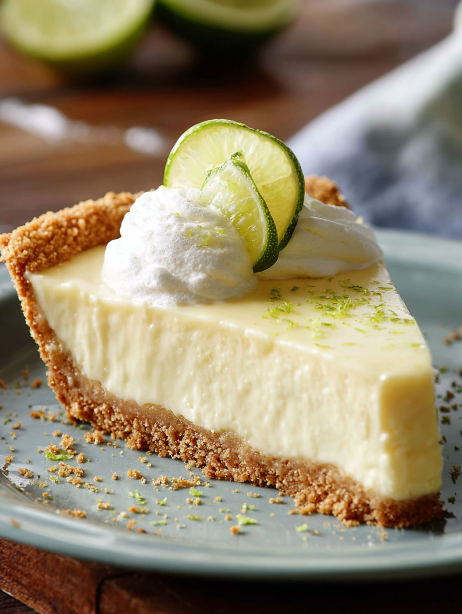 A slice of key lime pie with a lime wedge on top.