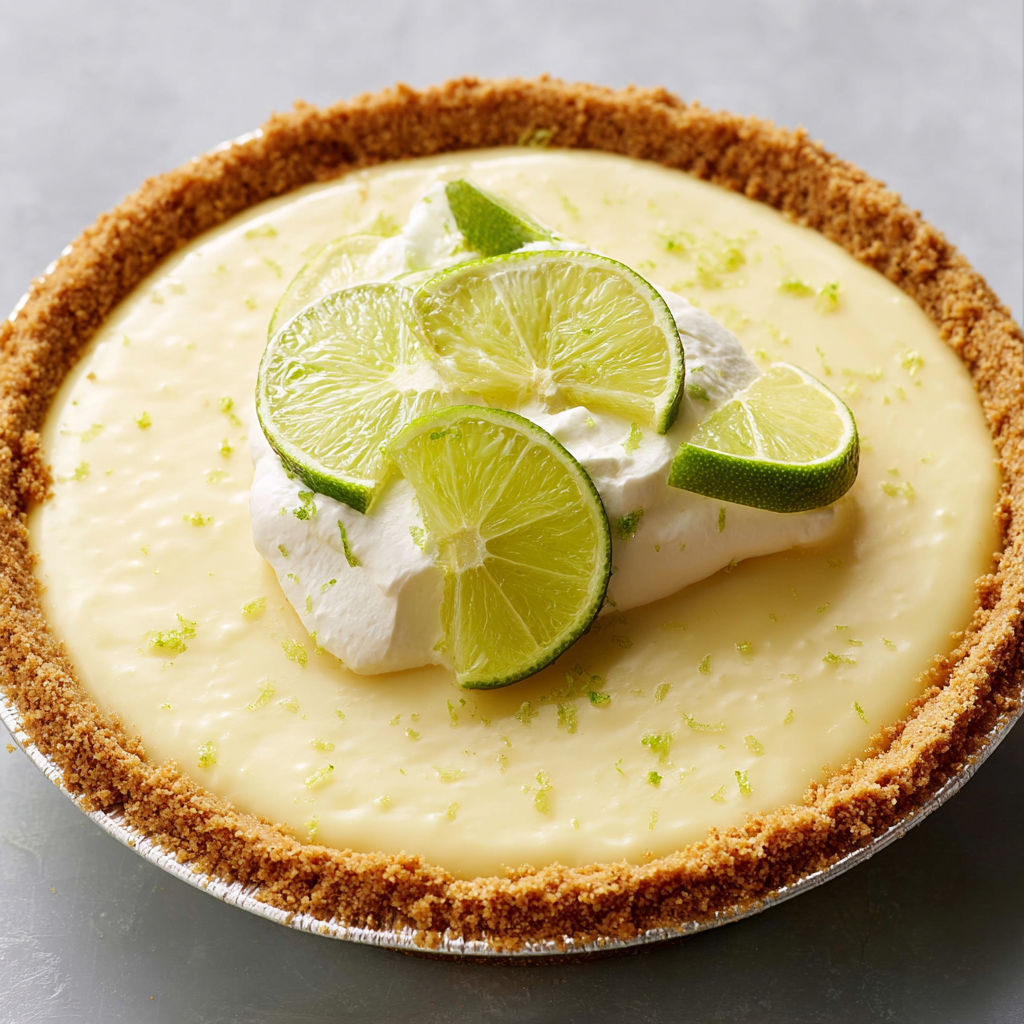A slice of key lime pie with lime wedges on top.