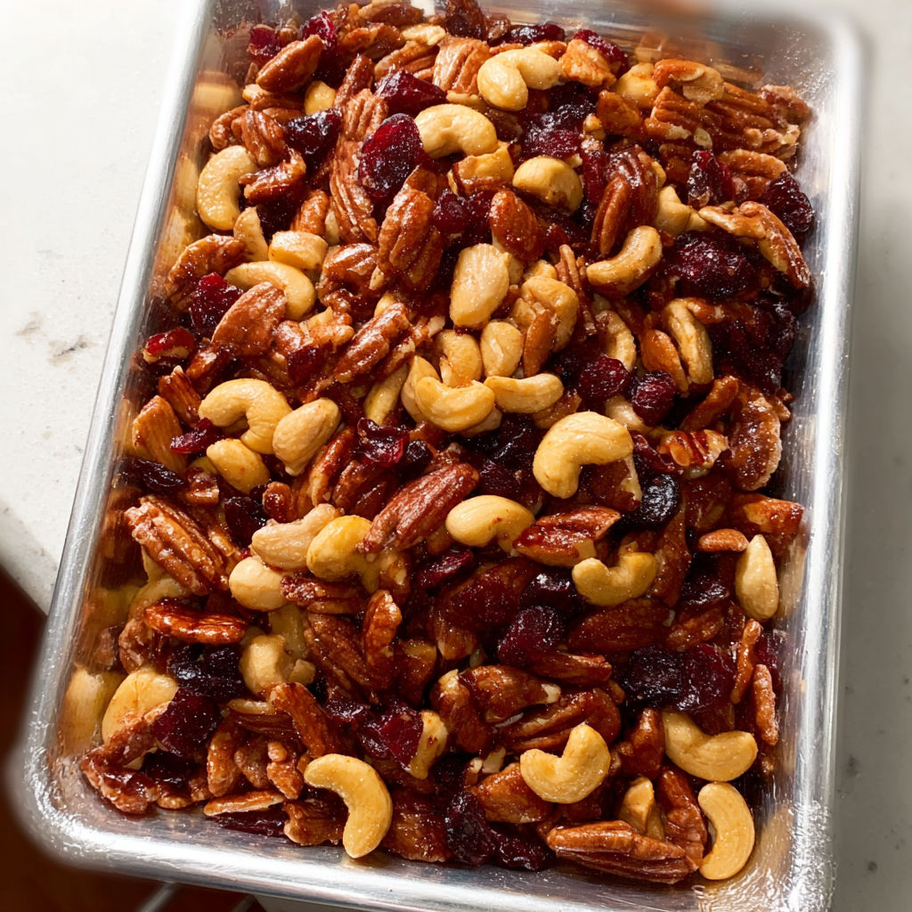 A pan of pecans and cherries.