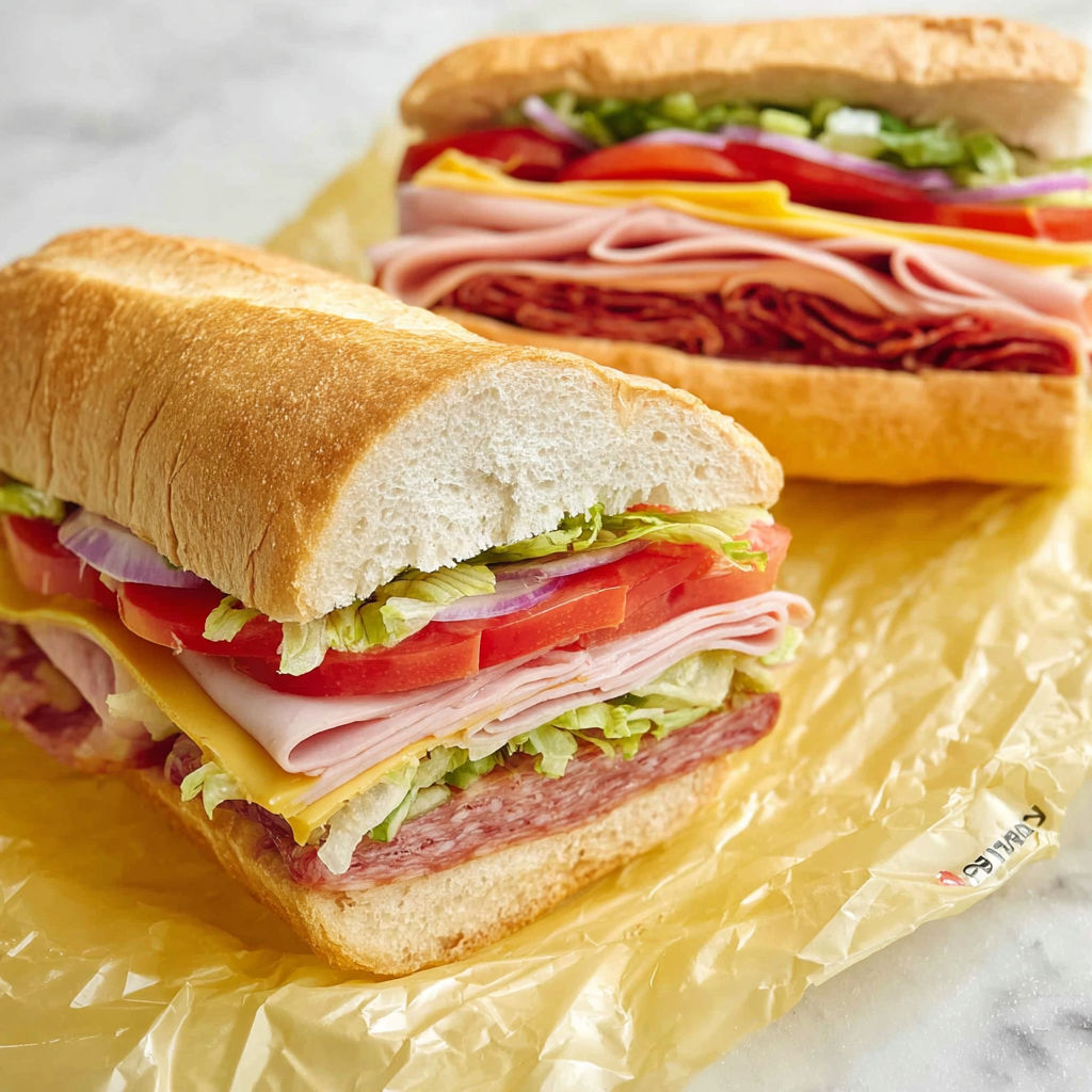 Two Kmart Sub Sandwiches with lettuce, tomato, and ham.