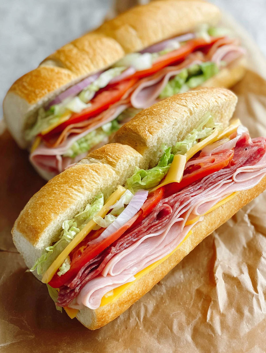 A sub sandwich with lettuce, tomato, and cheese.